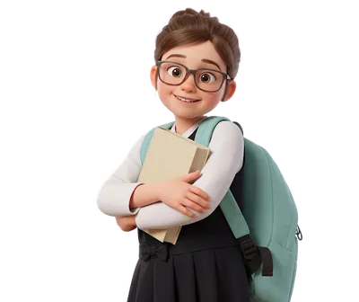 A bright, modern portrait of a young student wearing glasses and holding a stack of colorful books, smiling warmly.