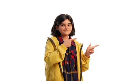 A bright portrait of a smiling young student wearing a backpack and pointing excitedly to the right.